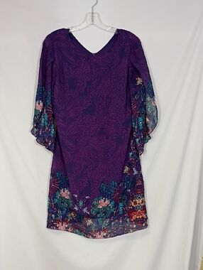 Grace Karin Womens Dress  Sz Med Purple Paisley Print Shift Split Sleeve Chiffon